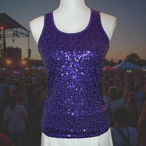 Purple Sequin Women's Large Tank Top Cherokee Sparkly Sequins Party Clubwear Y2K
